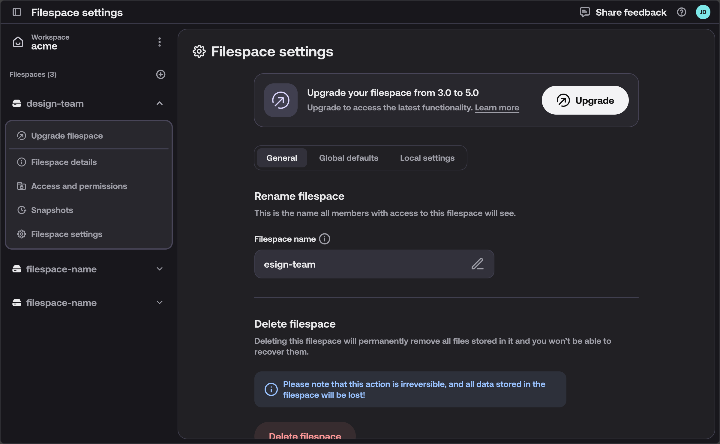 The upgrade option in filespace settings showing the current version and the version you will upgrade to