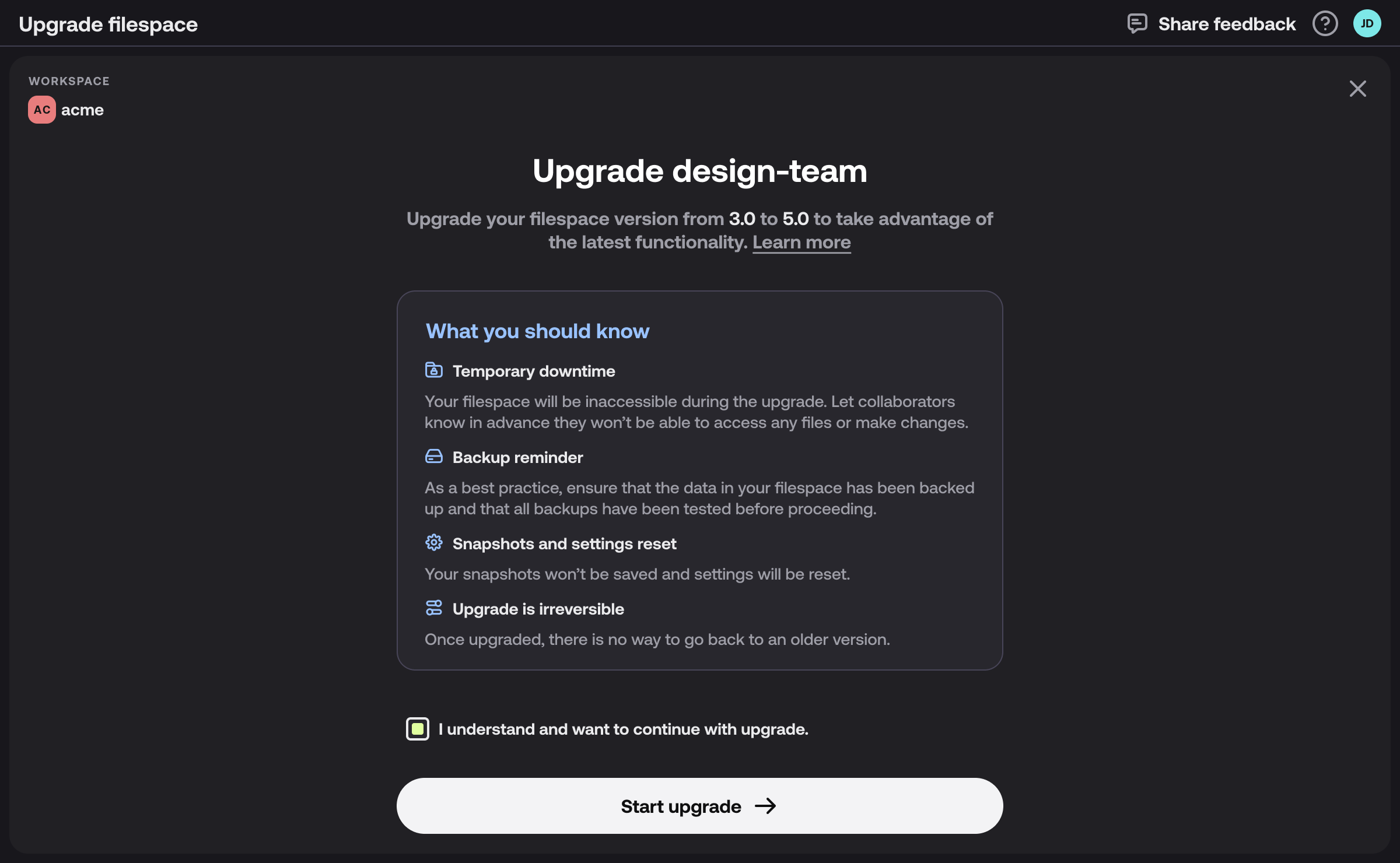 The Layout Upgrade start screen showing what to know before upgrading and the acknowledgement checkbox