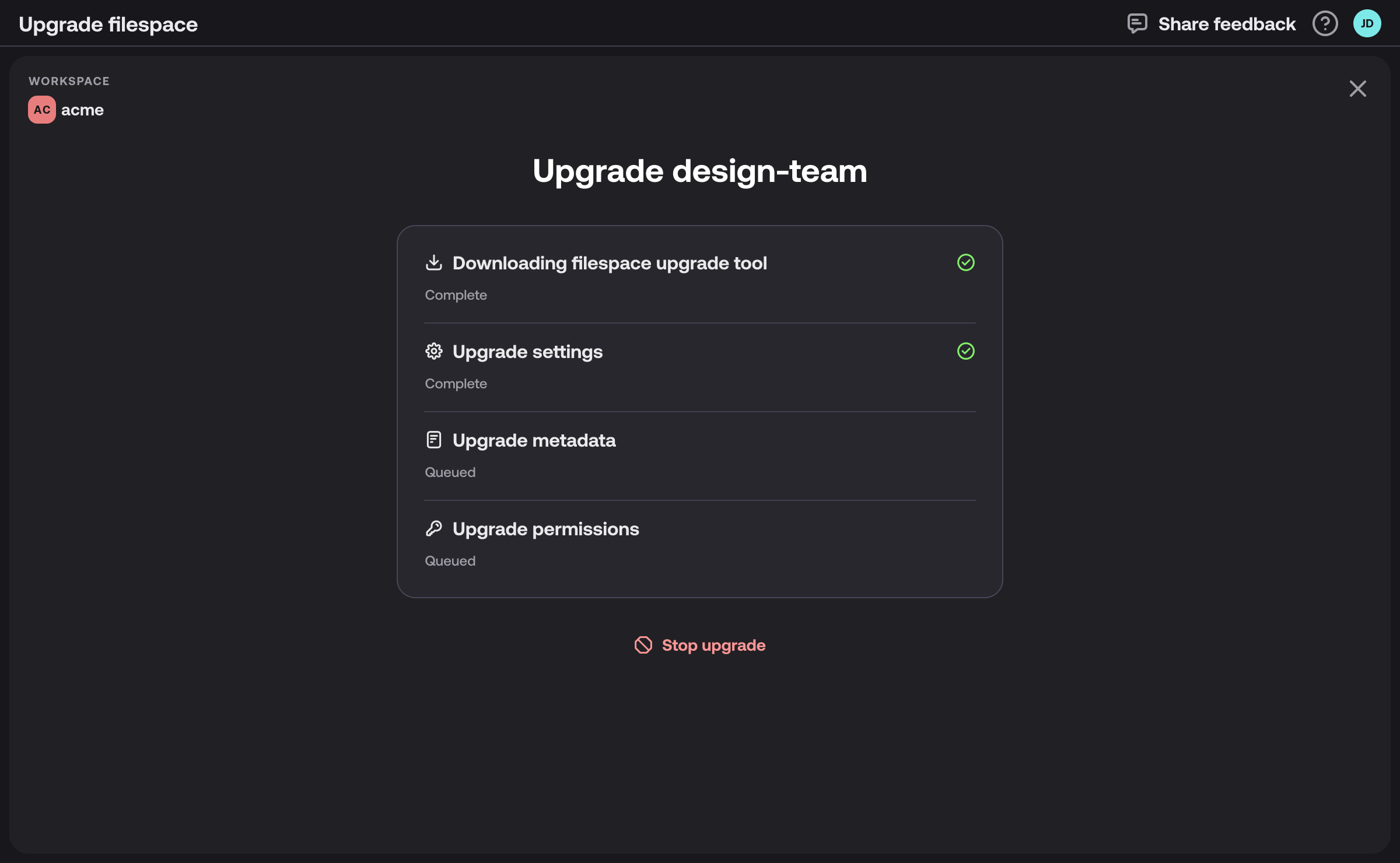 The Layout Upgrade progress screen showing each step and a Stop upgrade button