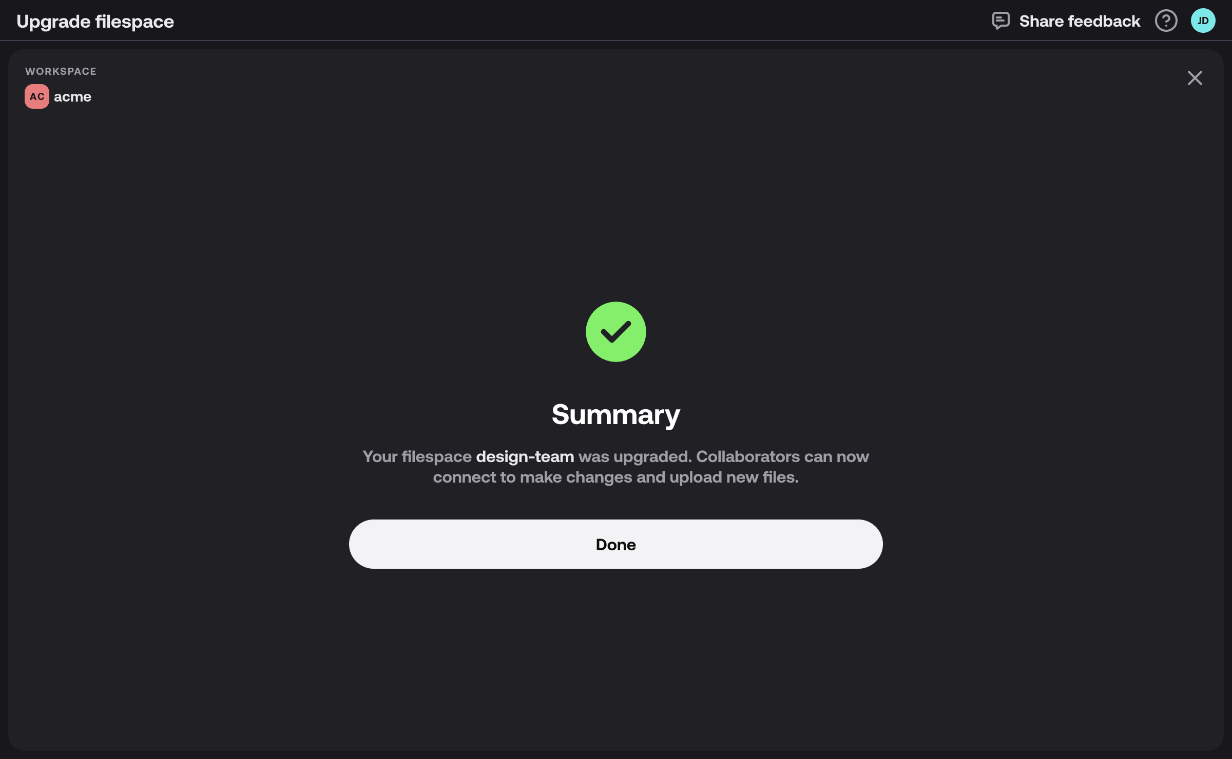 The summary screen confirming the filespace was upgraded successfully