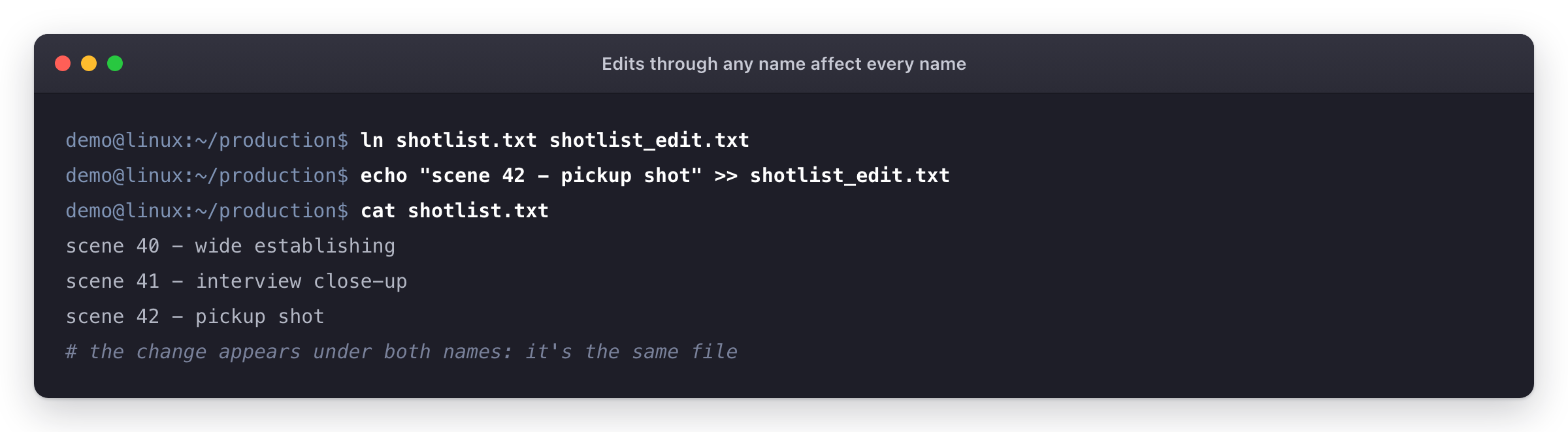 Terminal showing a line appended through the new link name and read back under the original name