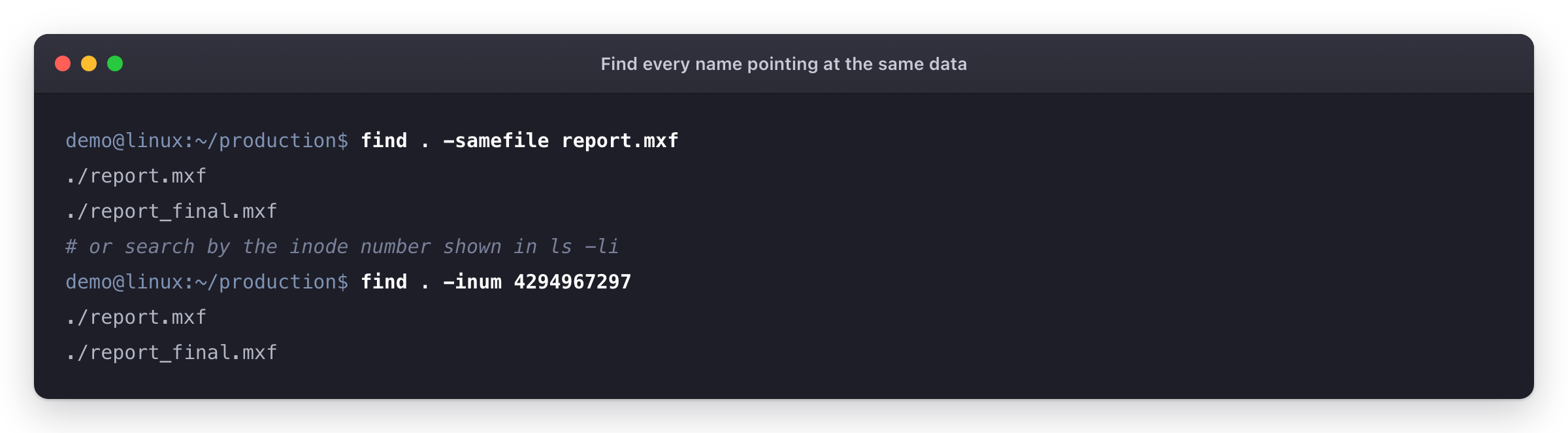 Terminal showing find -samefile and find -inum listing both names that point at the same file data