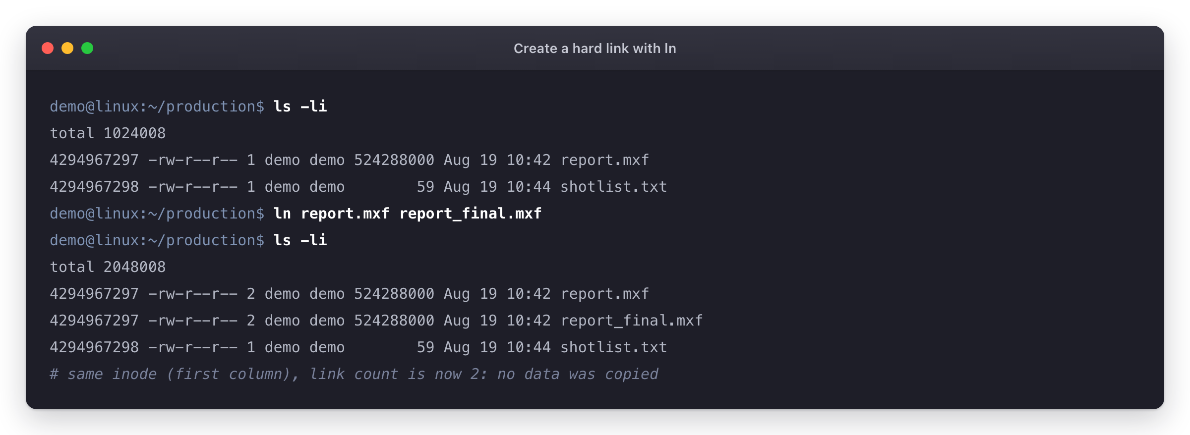 Terminal showing ls -li before and after ln, with both names sharing one inode number and a link count of 2