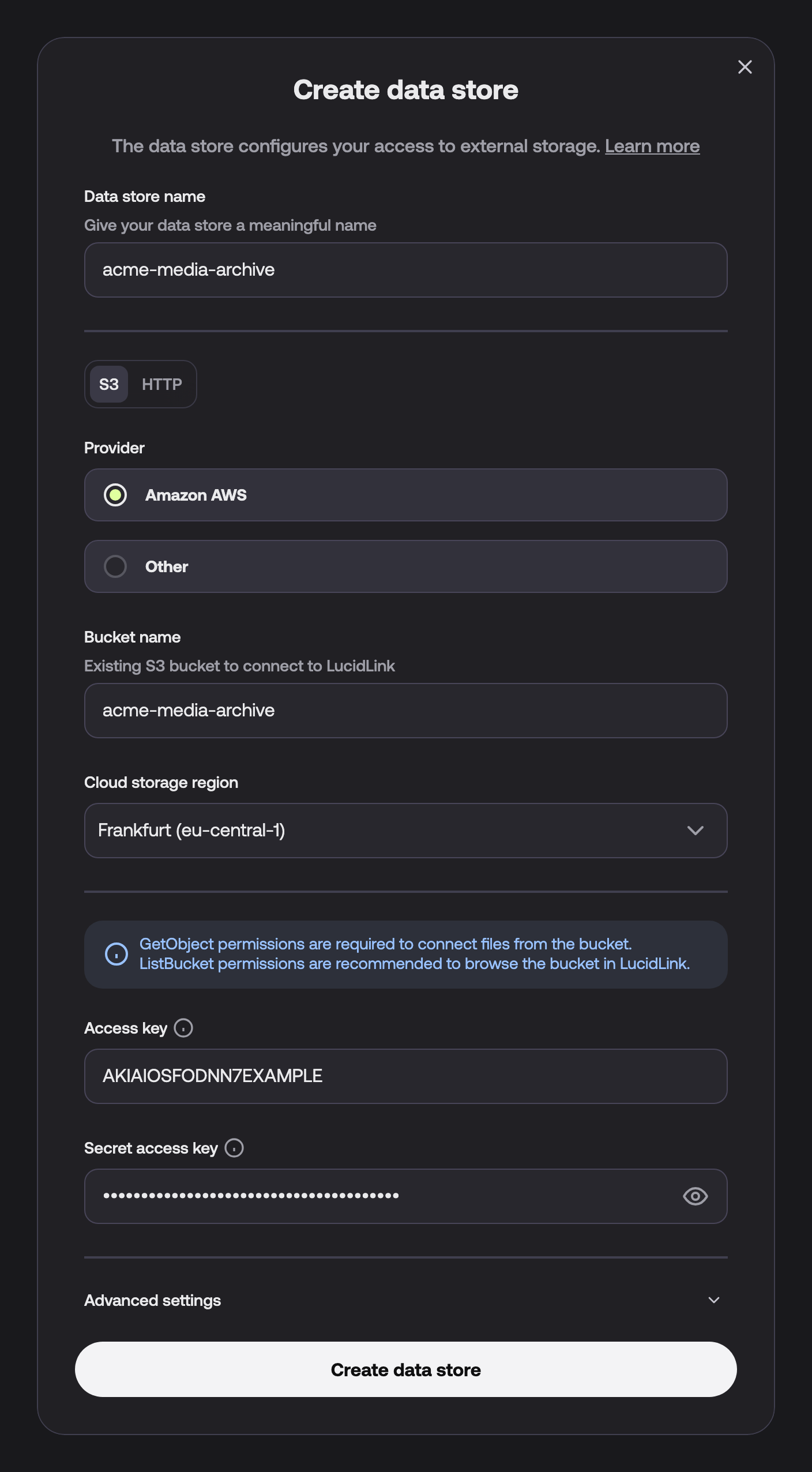 The Create data store dialog shows the S3 tab with the data store name, the Amazon AWS provider, bucket name, region, access key and secret access key filled in.