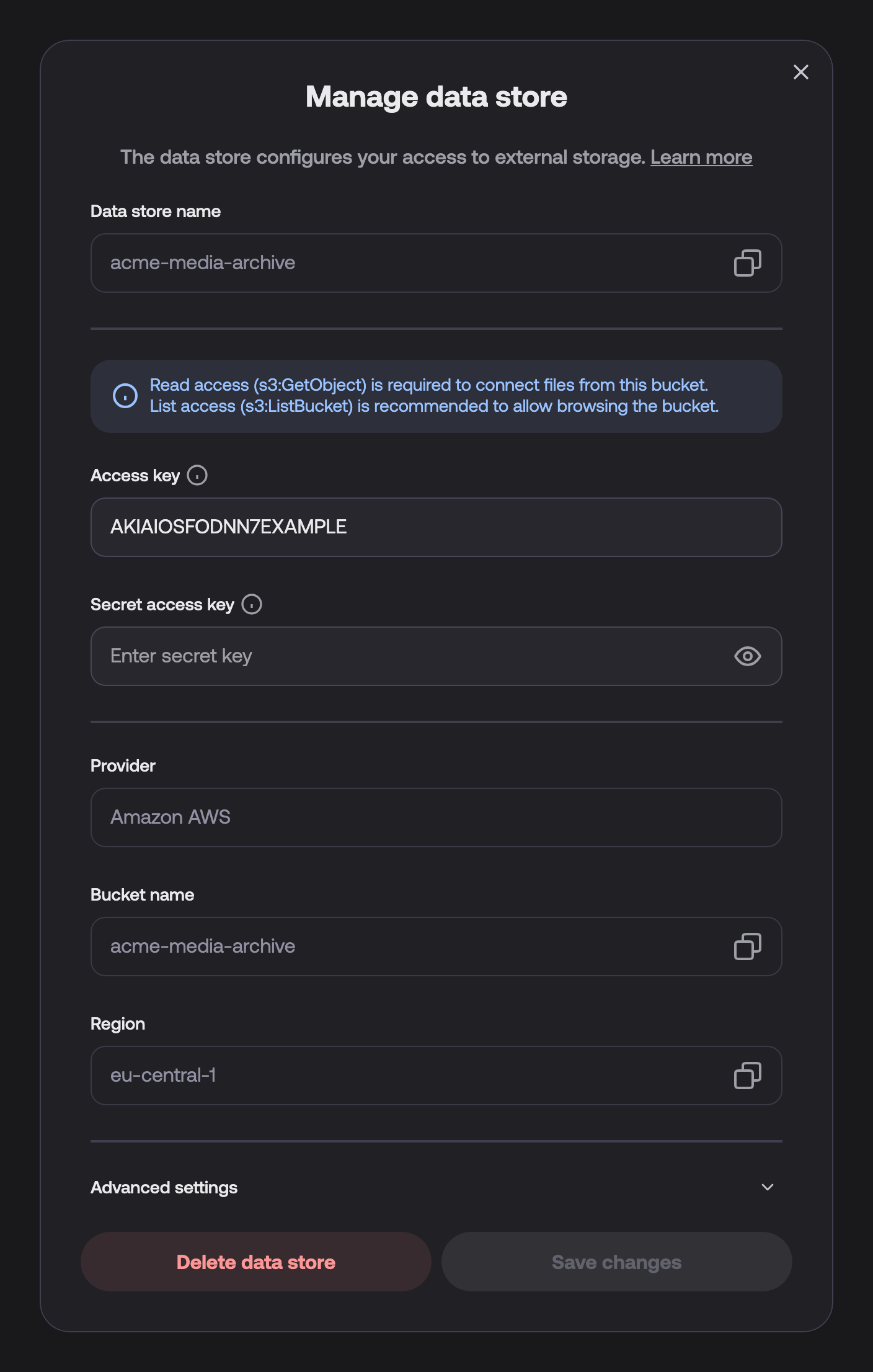 The Manage data store dialog shows an editable access key, an empty secret access key field, read-only provider, bucket and region details, a Delete data store button and a disabled Save changes button.