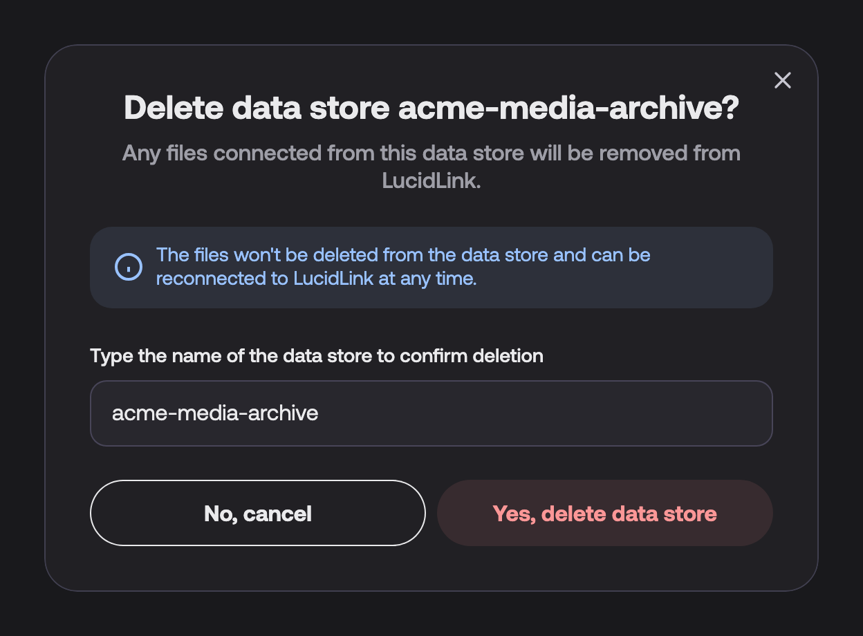 The Delete data store acme-media-archive? dialog states that external files are removed from LucidLink but not from the data store, with the data store name typed in the confirmation field.