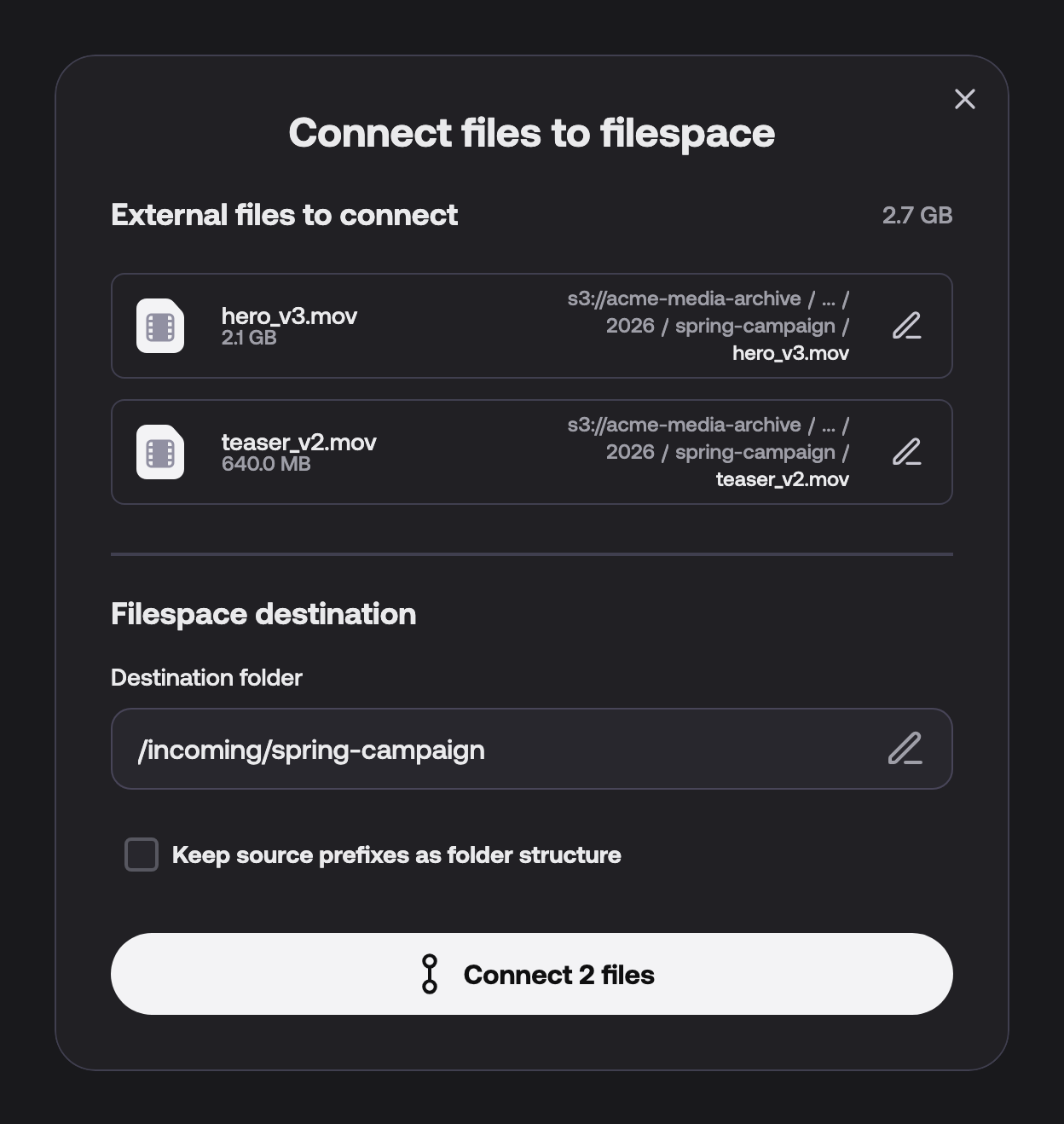 The Connect files to filespace dialog shows two files from the bucket, the destination folder /incoming/spring-campaign, the unchecked Keep source prefixes as folder structure option and the Connect 2 files button.