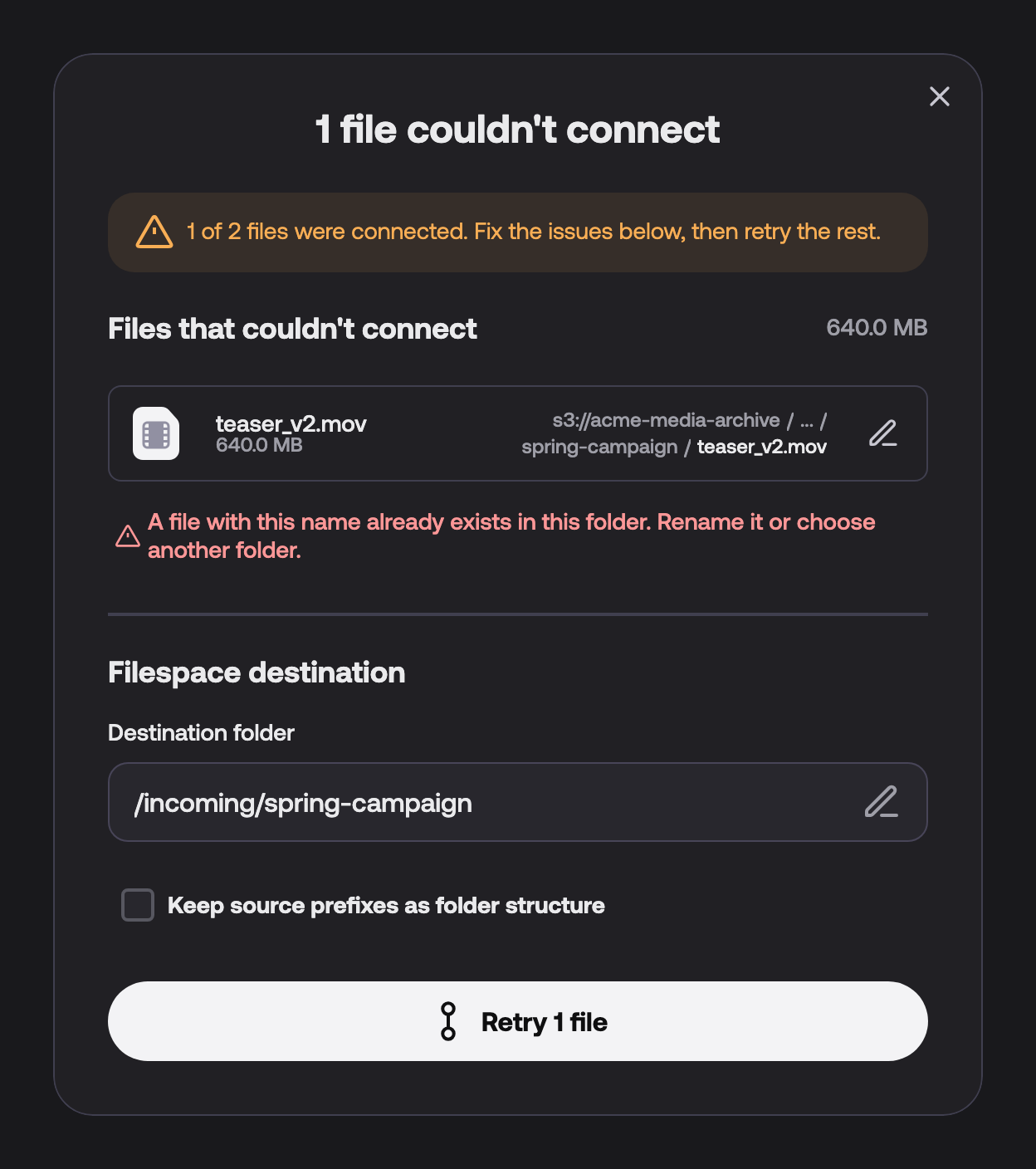 The dialog titled 1 file couldn't connect lists teaser_v2.mov with the reason that a file with this name already exists in the folder, and shows a Retry 1 file button.