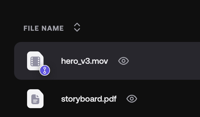 The web app file browser shows two files, and only hero_v3.mov, an external file, carries the LucidLink Connect badge on its icon.